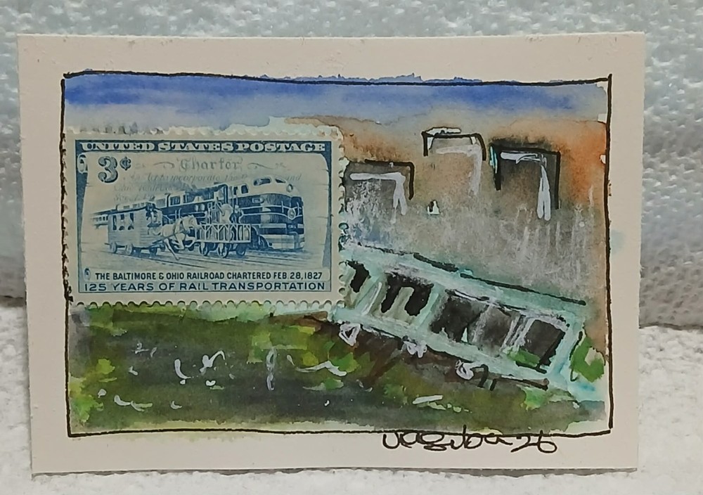 Postal Whimsy OOAK ACEO 3c Rail Transportation Abandoned Tracks Watercolor