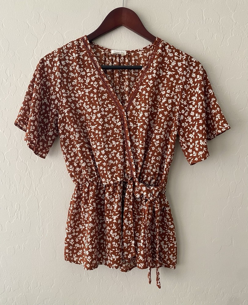 Boho Floral Print Wrap Peplum Top in Brown- Size S