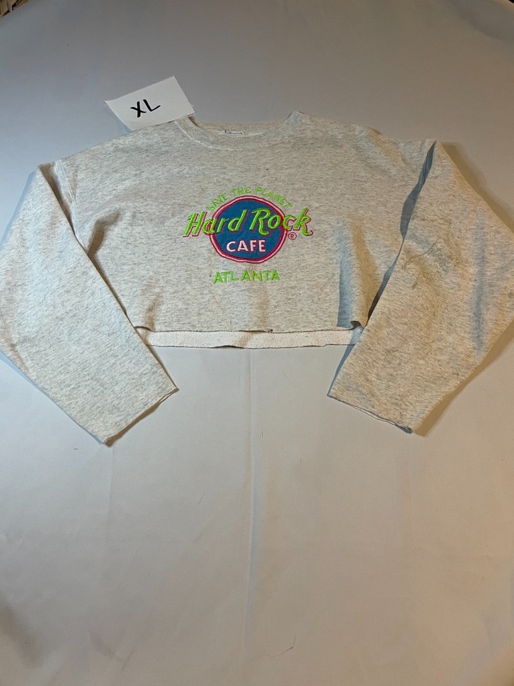Hard Rock Cafe Atlanta Sweatshirt Womens XL Gray Crew Neck Pullover Crop Raw Hem