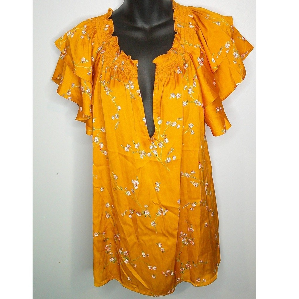 Express Mustard V-Neck Shortsleeve Floral Blouse Women's XL New