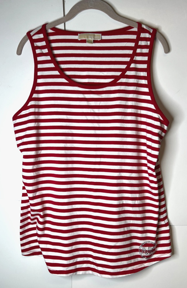 Michael Kors Women's Size XL Red White Striped Tank Top Rhinestone Logo