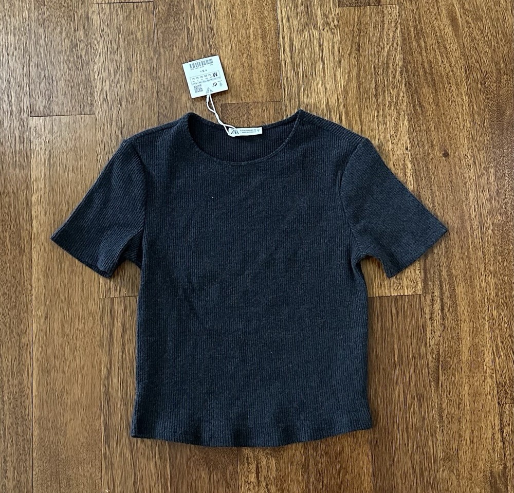 Zara T-Shirt Womens M Dark Gray Ribbed Crewneck Short Sleeve Crop Top Stretchy