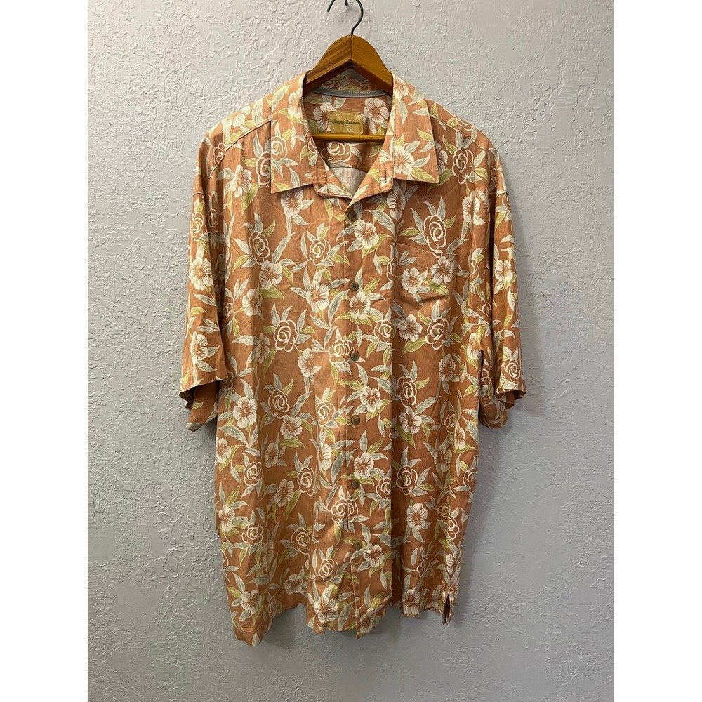 Tommy Bahama 100% Silk Hawaiian Shirt Mens XXL Floral Camp Button Up Orange