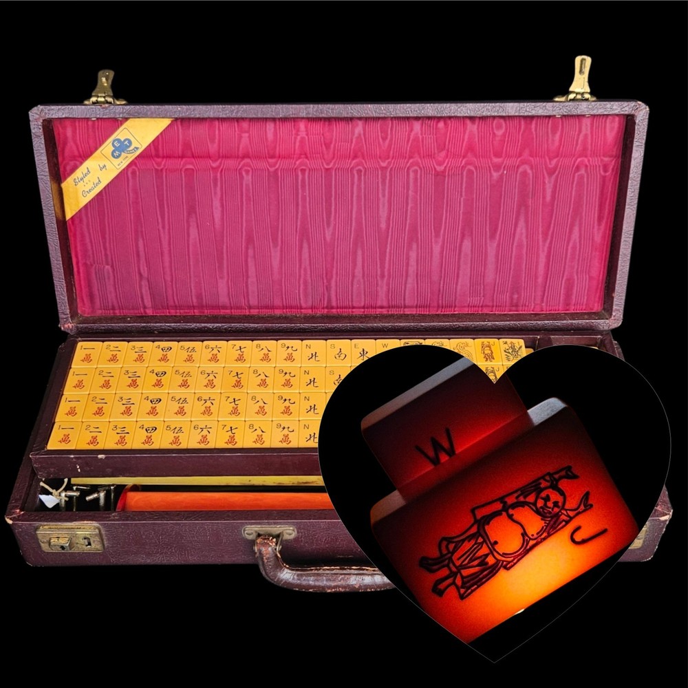 Vintage Catalin Butterscotch Bakelite Mahjong Set MET Games 152 Tiles Racks Case