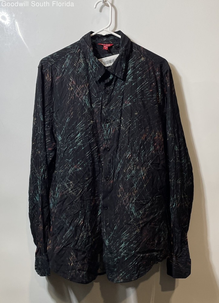 Guess Mens Black Abstract Print Long Sleeve Collared Button-Up Shirt Size M