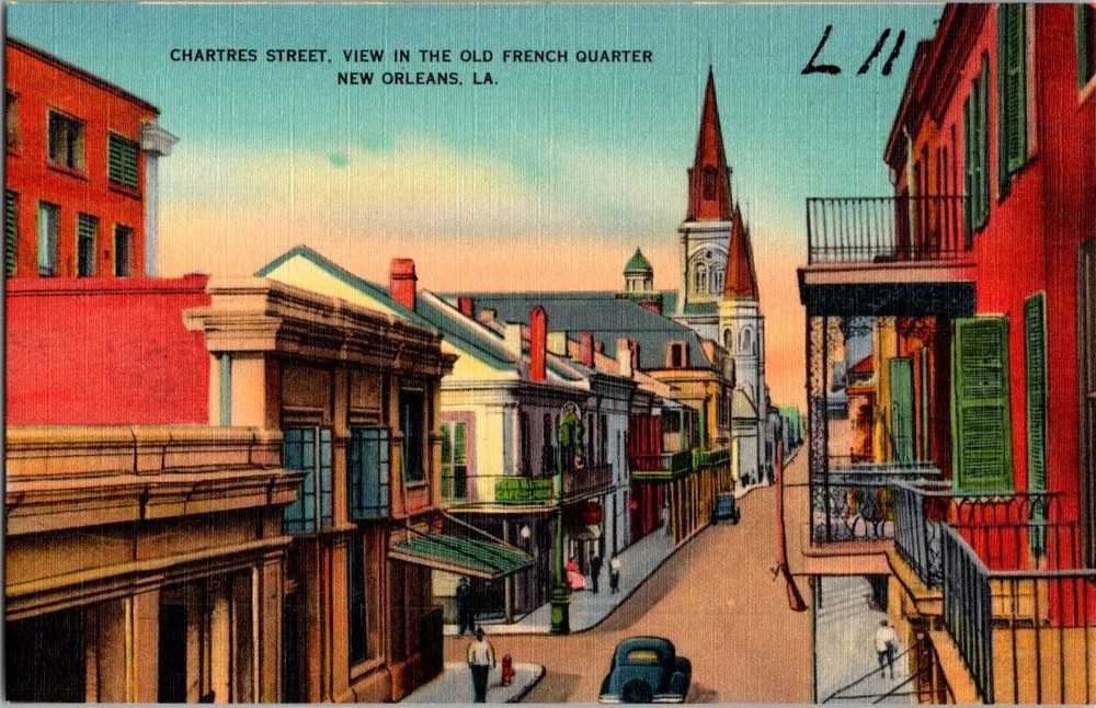 Chartres St. French Quarter New Orleans LA Linen Postcard St. Louis Cathedral