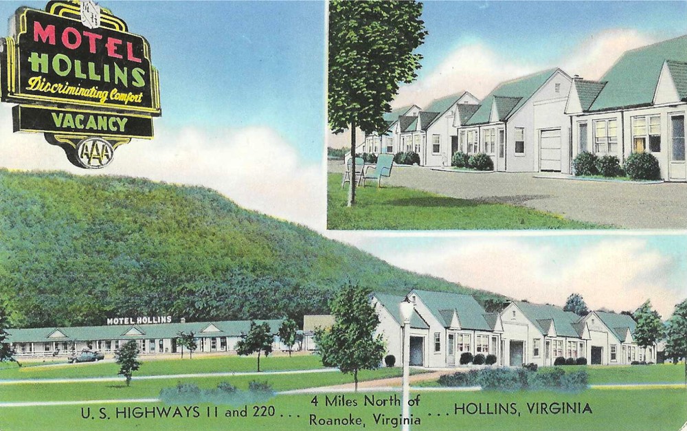 1955 Hollins, VA Virginia ~ Motel Hollins ~ Roanoke Chrome Postcard Posted