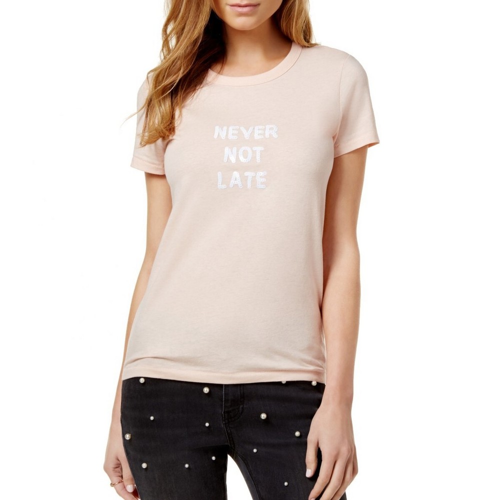 Bow & Drape Women Never Not Late Pink Slogan T-shirt Top Juniors S BHFO 9491