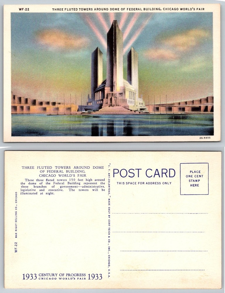 1933 Chicago World's Fair Federal Building Fluted Towers Art Deco Postcard