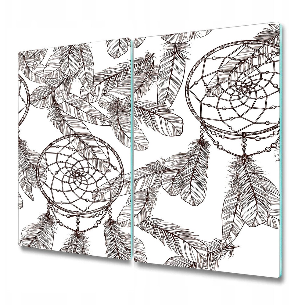 Glass Chopping Board Monochrome dream catcher and feathers golden and white