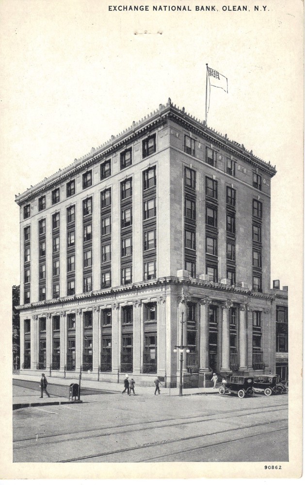 Olean NY Exchange National Bank  DB B/W Postcard Street Scene OLD CARS EXCL *