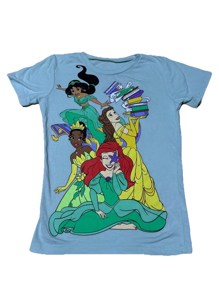 Disney Princess Girls T-Shirt Size 4 Ariel Belle Jasmine Tiana Graphic Blue