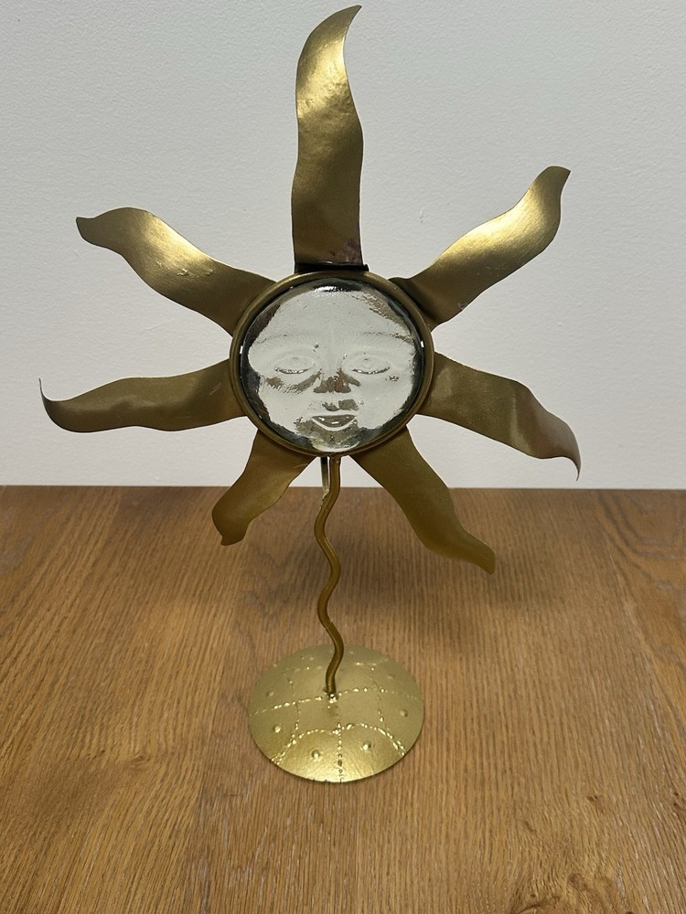 Vintage Metal Sun Face Candle Holder Sculpture Folk Art Boho Celestial Decor 18”