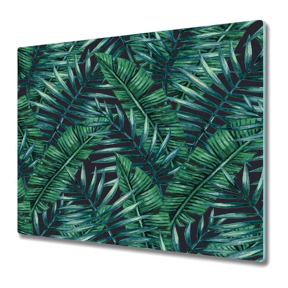 Glass Worktop Kitchen Chopping Board Tropical palm leaves green and grey 60x52