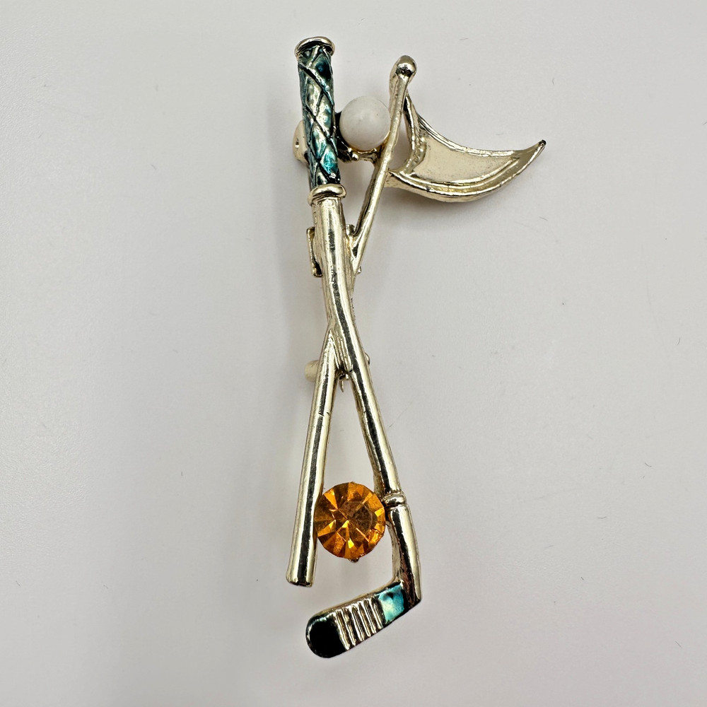 Vintage 90s Gerry's Golf Club Flag Brooch Pin Gold Tone Amber Rhinestone Jewelry