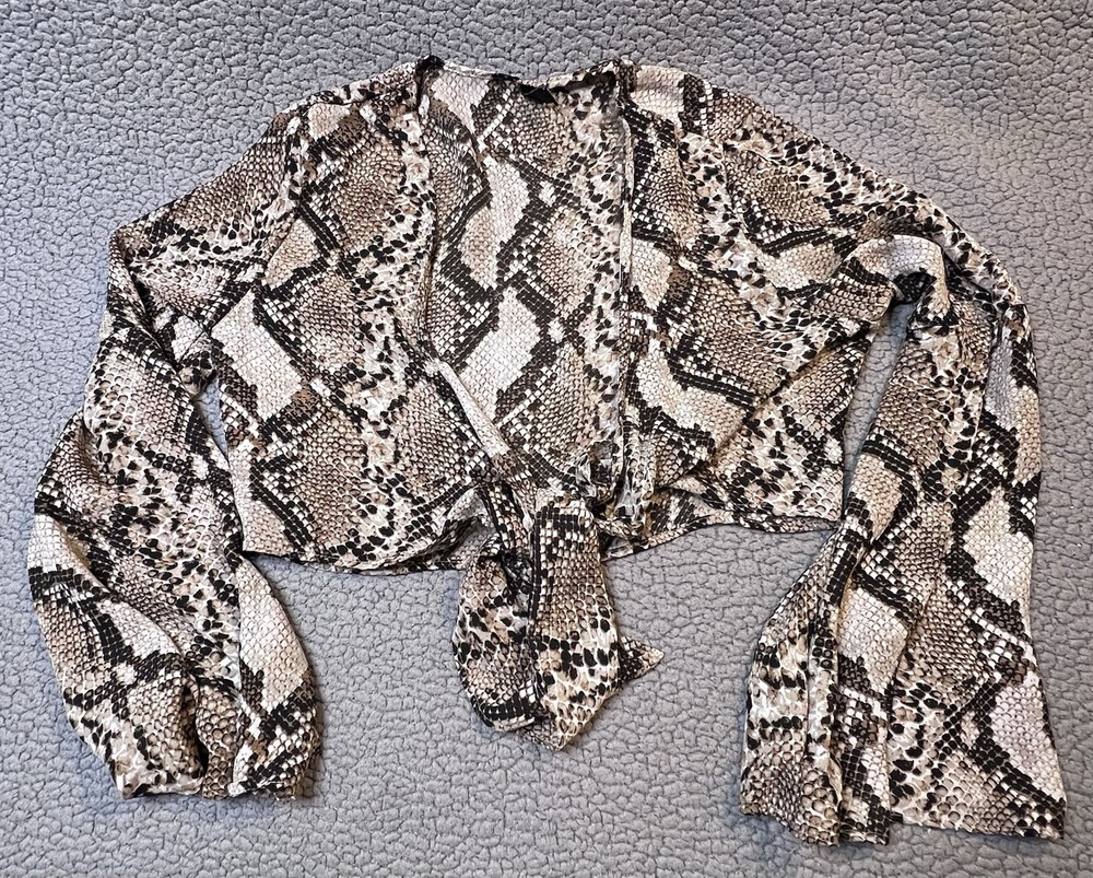 Windsor Snake Print Front Tie Crop Top Womens Size Large Bell Sleeve Brown