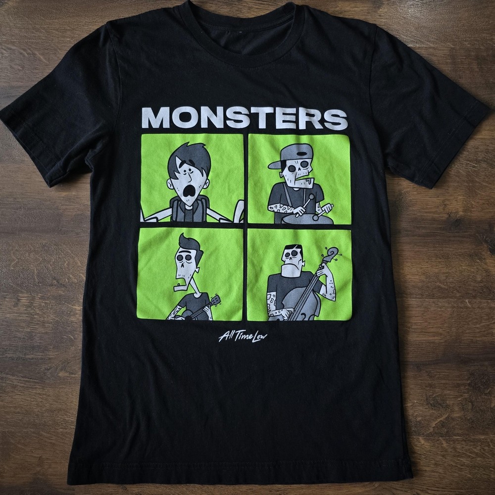 All Time Low Shirt Mens Small Black Green Monsters Cartoon Band Graphic Tee