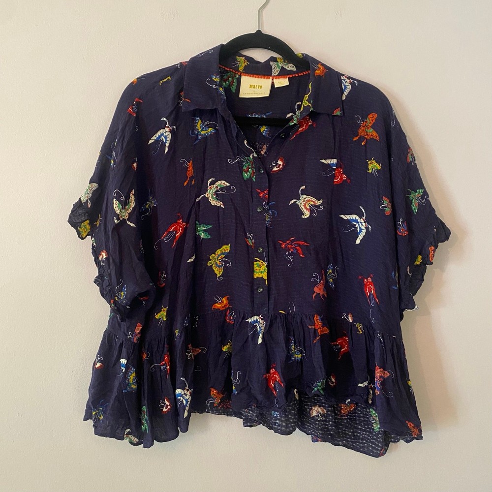 Maeve Anthropologie Navy Blue Bug Butterfly Print Flowy Blouse Women size Small