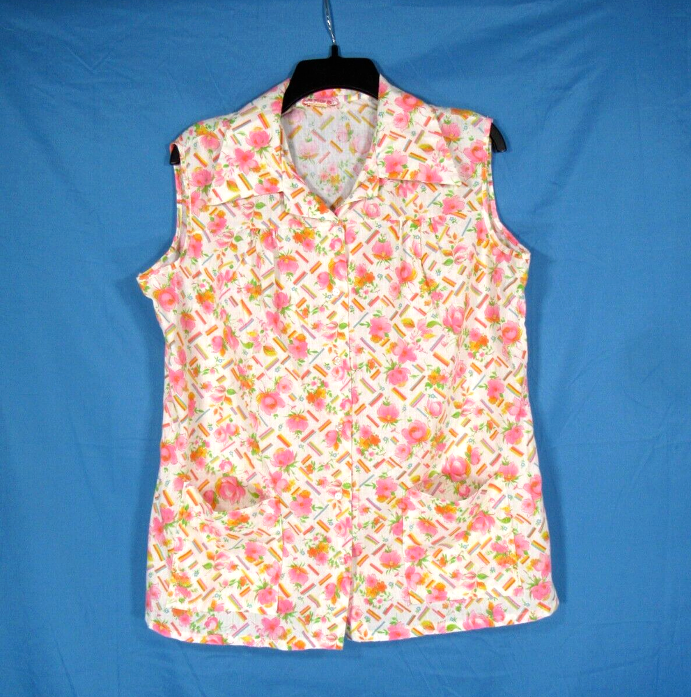 Women's TWILL Button-Up VINTAGE RETRO FLORAL PRINT Smock/Vest/Topper Sz 42/Large
