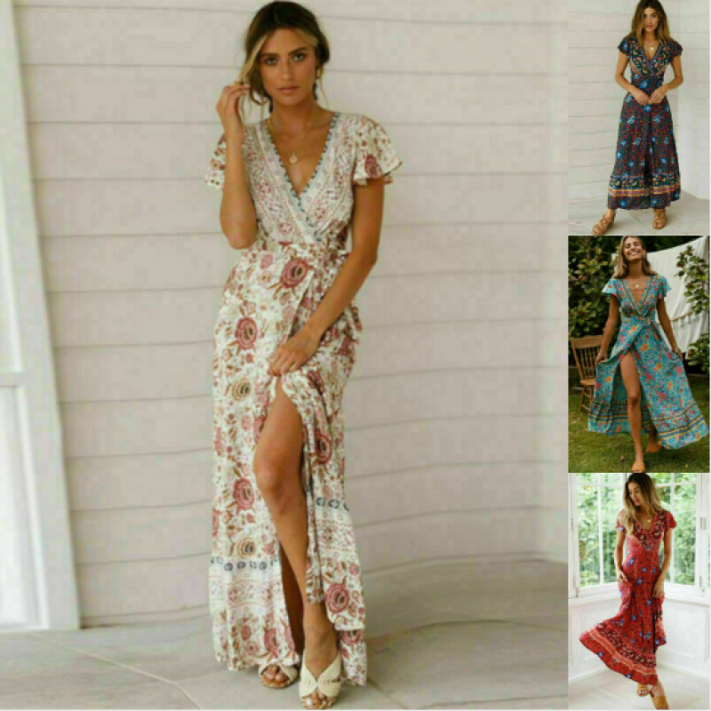 Womens BOHO Plus Size Wrap Floral Elastic V-Neck Ladies Summer Beach Maxi Dress