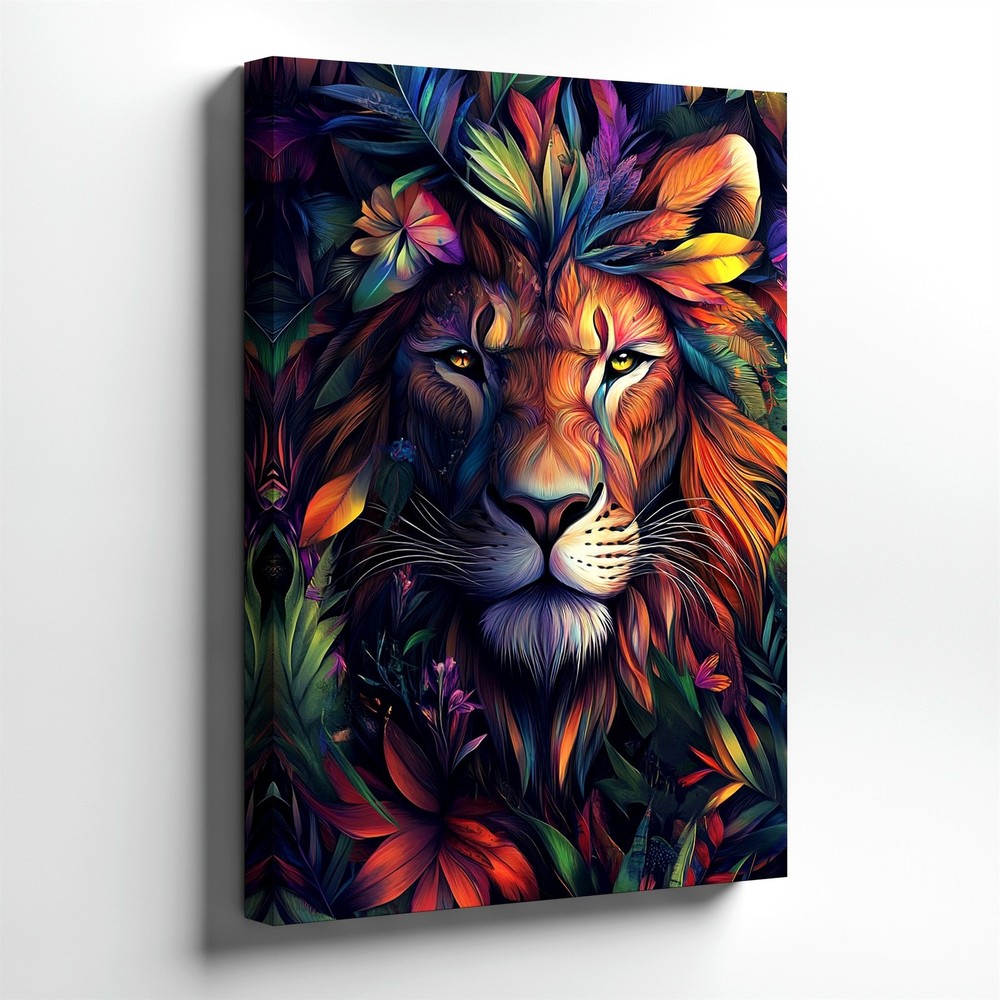 Wall Art Colorful Lion Portrait Tropical Leaves Floral Jungle Canvas Print Decor
