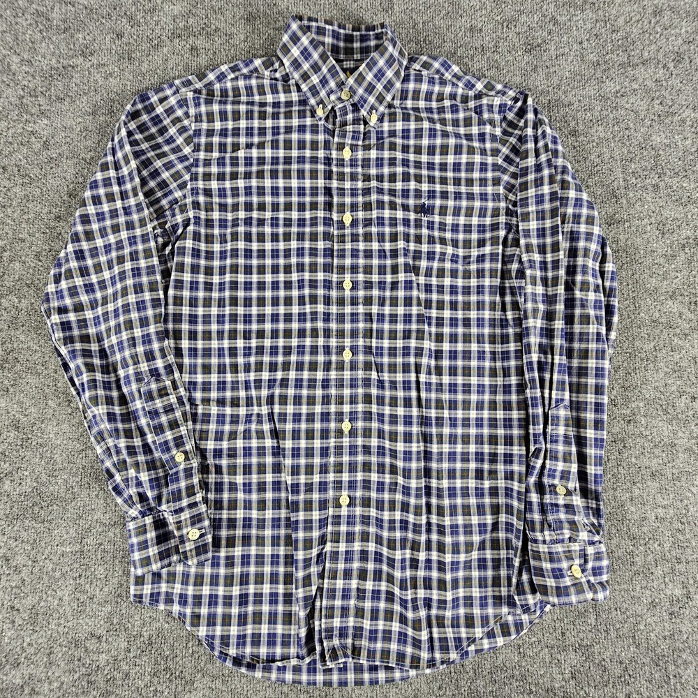 Ralph Lauren Shirt Mens Small Blue Green White Plaid Classic Fit Stretch Cotton