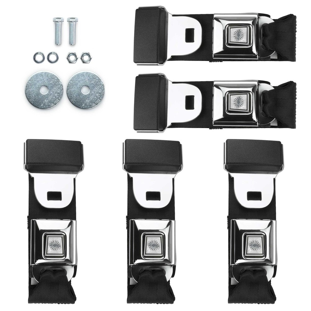 Push Button-Style 2-Point Lap Seat Belt Kit Set of 5 Fixed for Front and Rear