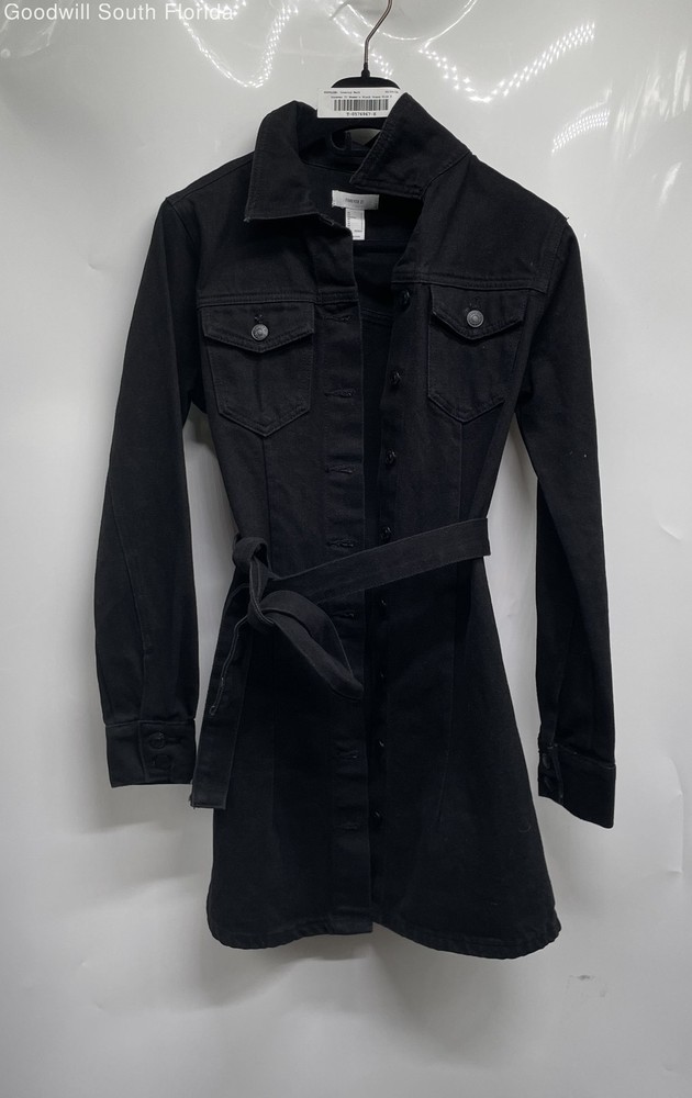 Forever 21 Womens Black Long Sleeve Button Front Pockets Belted Mini Dress Sz S