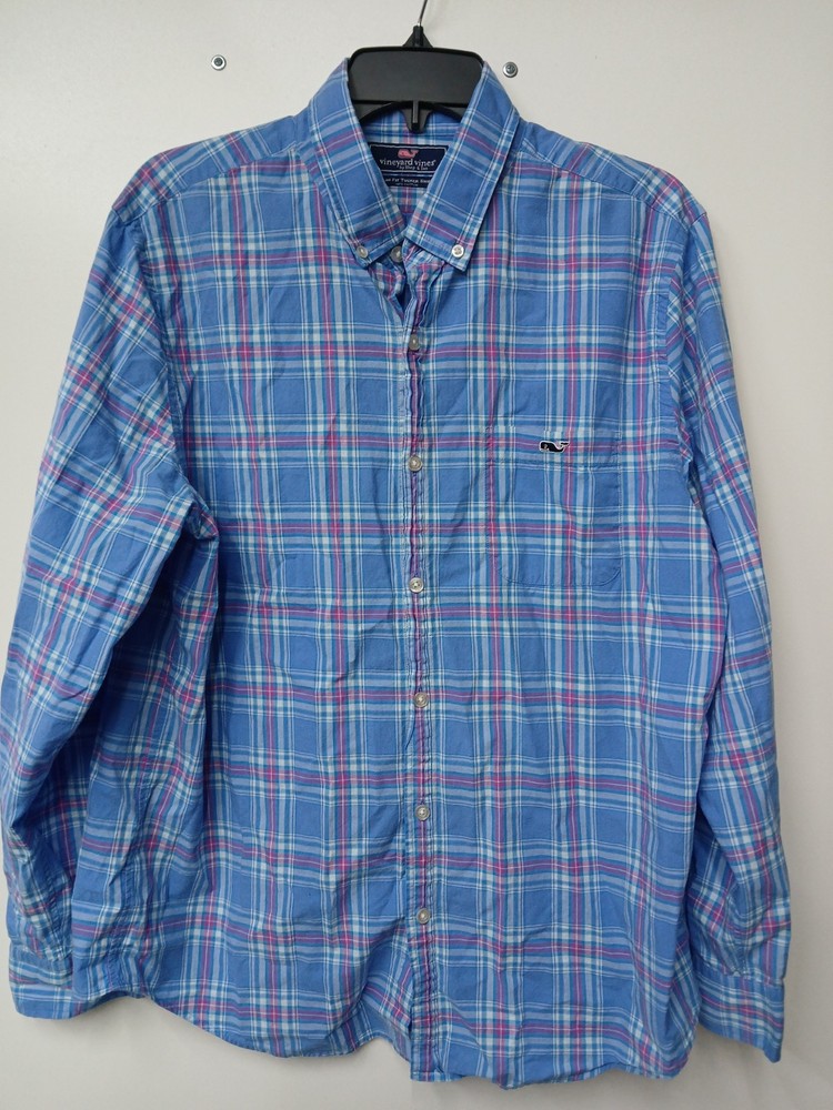 Vineyard Vines Whale Shirt Mens Size Large Slim Fit Tucker Blue Plaid
