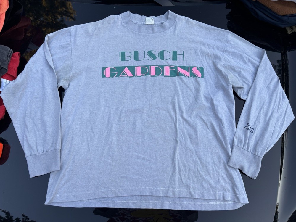 Vintage 80s Busch Gardens Shirt Mens XL Gray Tampa Florida Long Sleeve Soft Thin