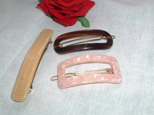 3 Vintage Pink Tortoise Herringbone French Celluloid Hair Barrettes
