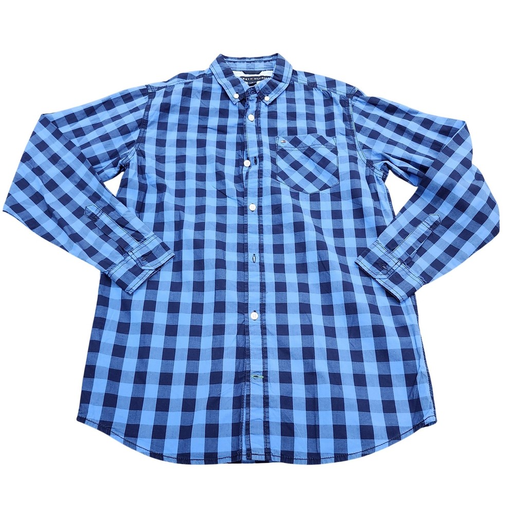 Tommy Hilfiger Shirt Mens XL Blue Check Long Sleeve Button Front Casual Pocket