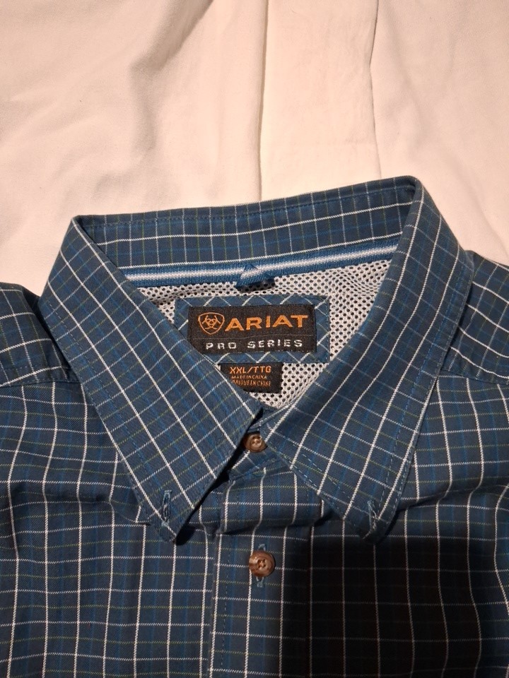Ariat Pro Series Shirt Mens 2XL Blue Green Plaid Button Down Long Sleeve Western