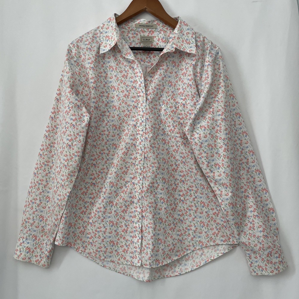 LL Bean Wrinkle Free 100% Cotton Shirt Womens Large Floral Long Sleeve Button Up