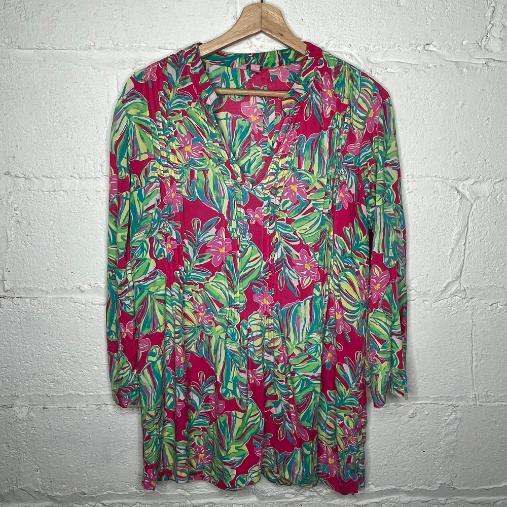 Lilly Pulitzer Women's Pink Green Floral Sarasota Pintuck Tunic Top Size Large