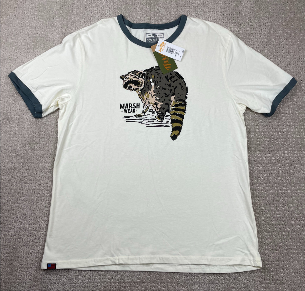 NWT Marsh Wear T Shirt Mens Large Racoon Graphic Ringer Short Sleeve Crewneck US