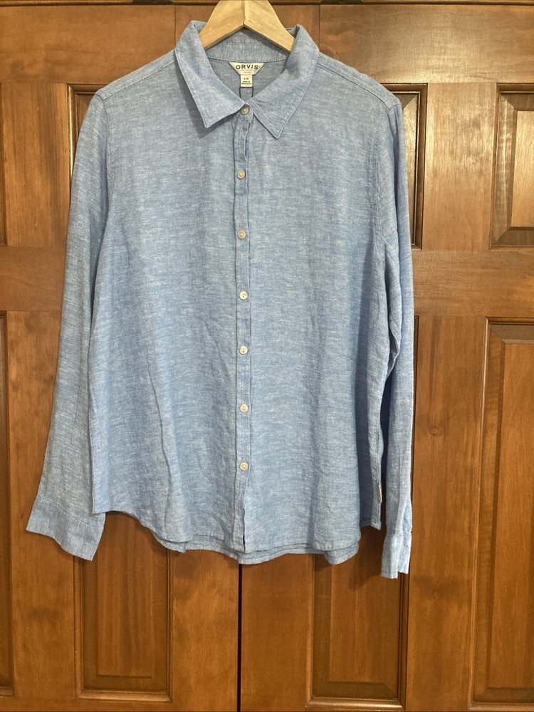 NWT Orvis Blue Long Sleeve Button Up Linen Blend Shirt Top Women’s Sz Large L