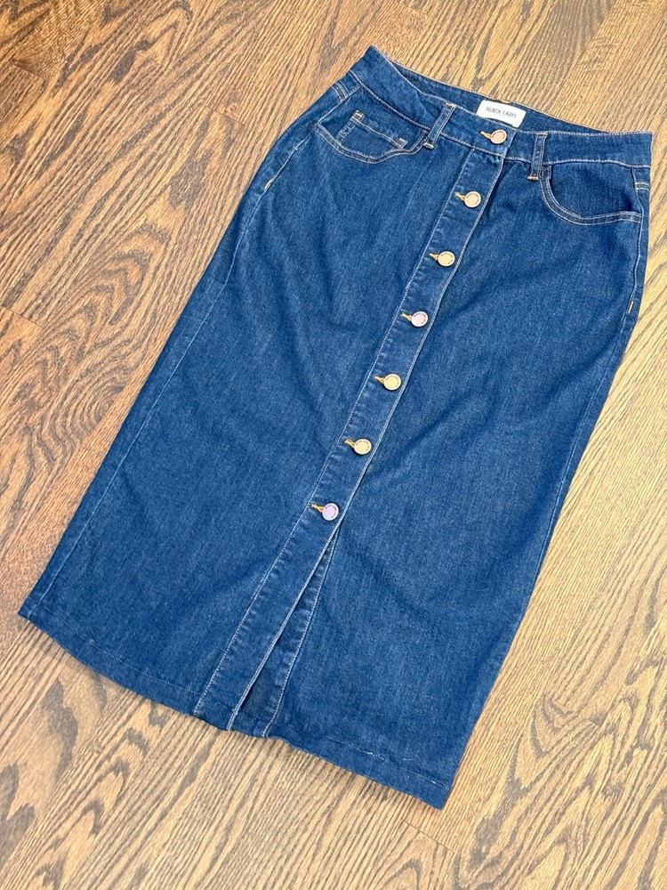 Black Label By C'est Toi Denim Button Front High Rise Midi Pencil Skirt Size M
