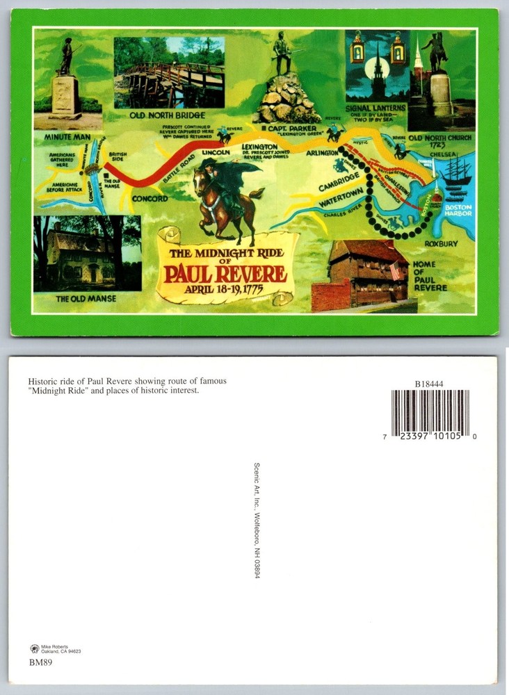 Paul Revere's Midnight Ride Map Postcard - Historical Boston & Lexington