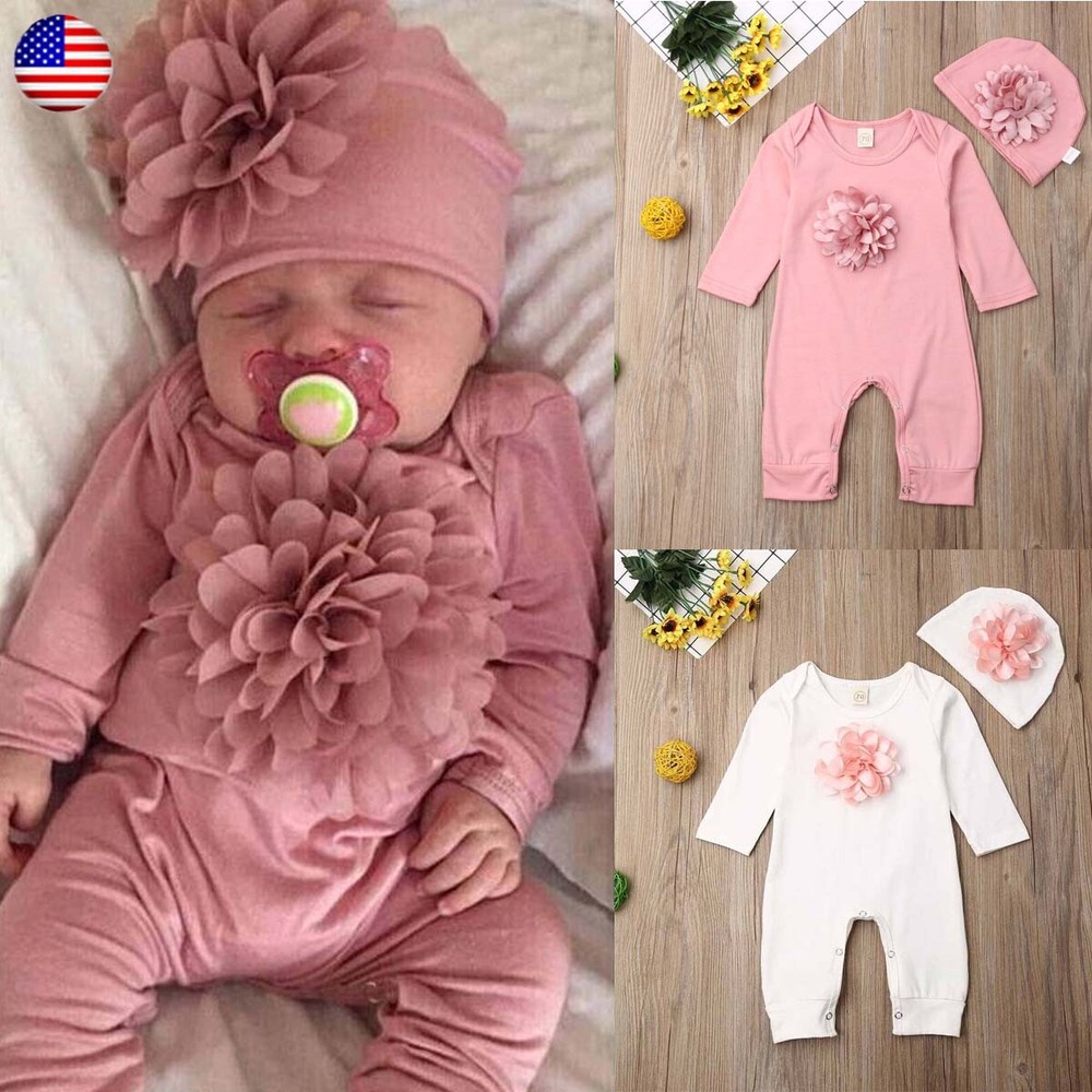 Newborn Baby Girl Long Sleeve Ruffle Romper Bodysuit Jumpsuit Hat Clothes Outfit