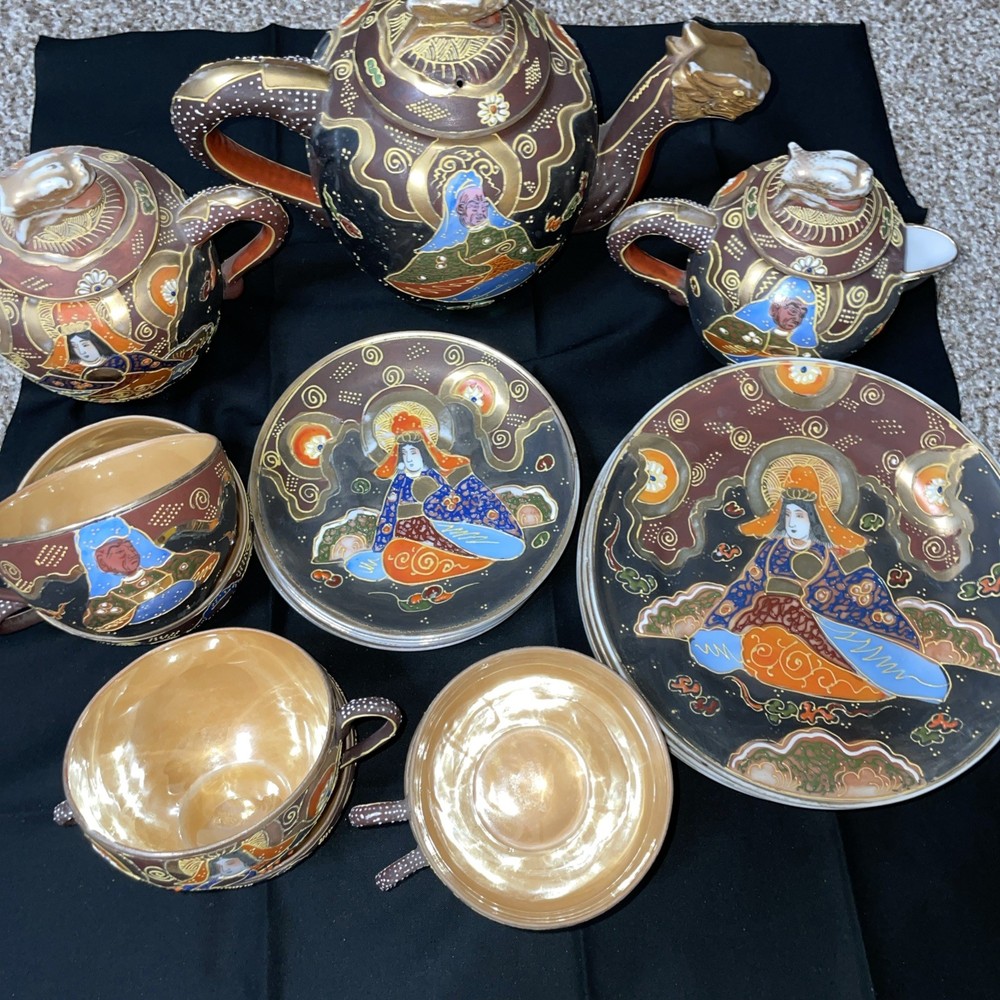 Rare Japanese Deity Tea Set With Additional Larger Plates, Service For 6