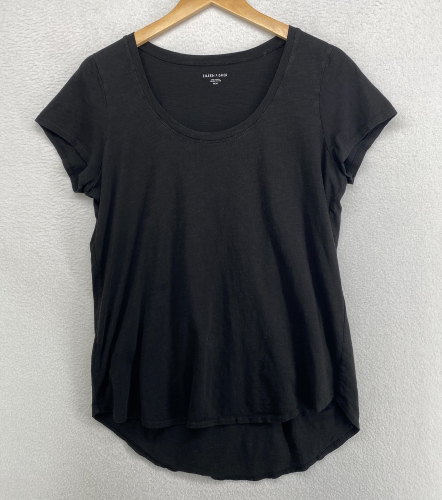 EILEEN FISHER Top M Slub Organic Cotton Jersey Scoop Neck Short Sleeve Black
