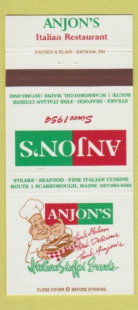 Matchbook Cover - Anjon's Italian Scarborough ME 30 Strike