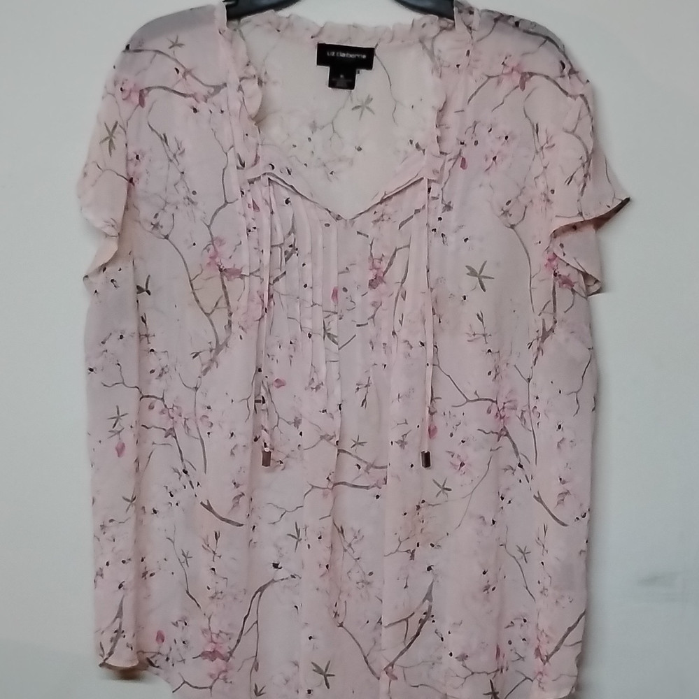 Liz Claiborne Women’s XL Pink Floral Chiffon Ruffle V-Neck Flutter Blouse