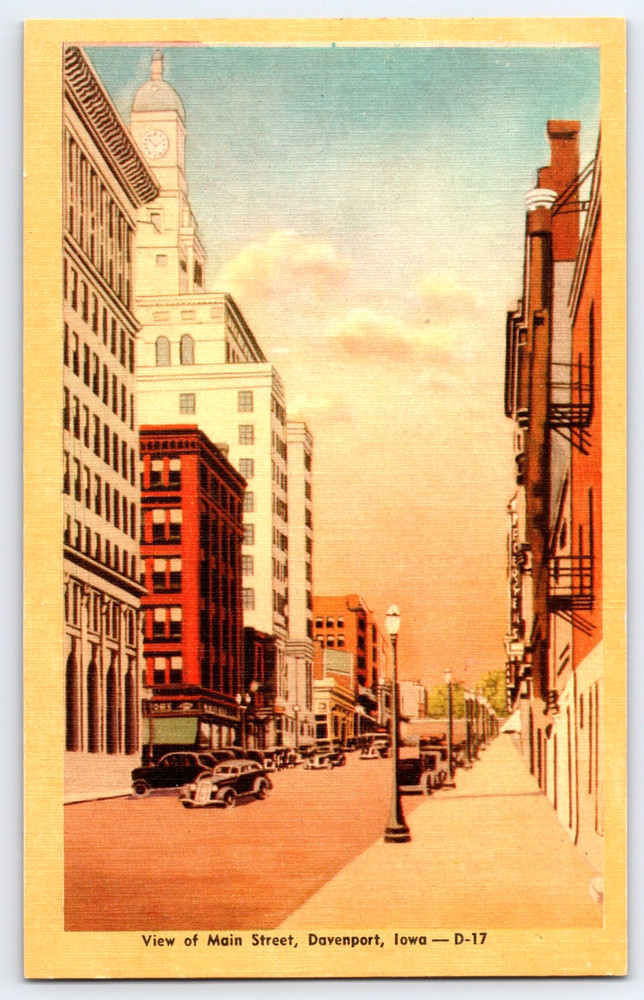 Davenport Iowa IA Main Street View City Buildings Cars Clock Vintage Postcard