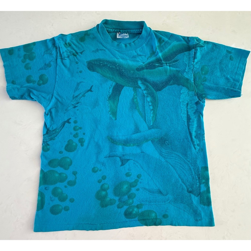 Vintage 90s Allover Ocean Whale Tee Hanes Beefy T Single Stitch Blue Size L USA