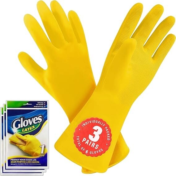 3 Pack Natural Rubber Dish Gloves Non-Slip Reusable Cleaning Gloves  