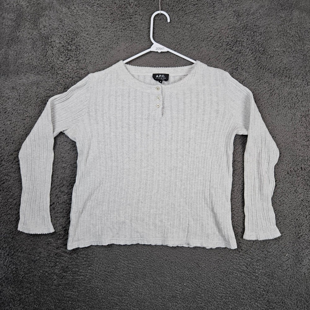 APC Rue Madame Paris Womens Gray Ribbed Knit Henley Top Size M