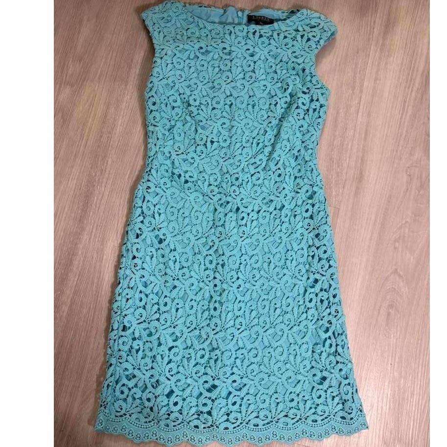 Lauren Ralph Lauren Aqua Blue Lace Sheath Dress Petite Size 6P Cap Sleeve