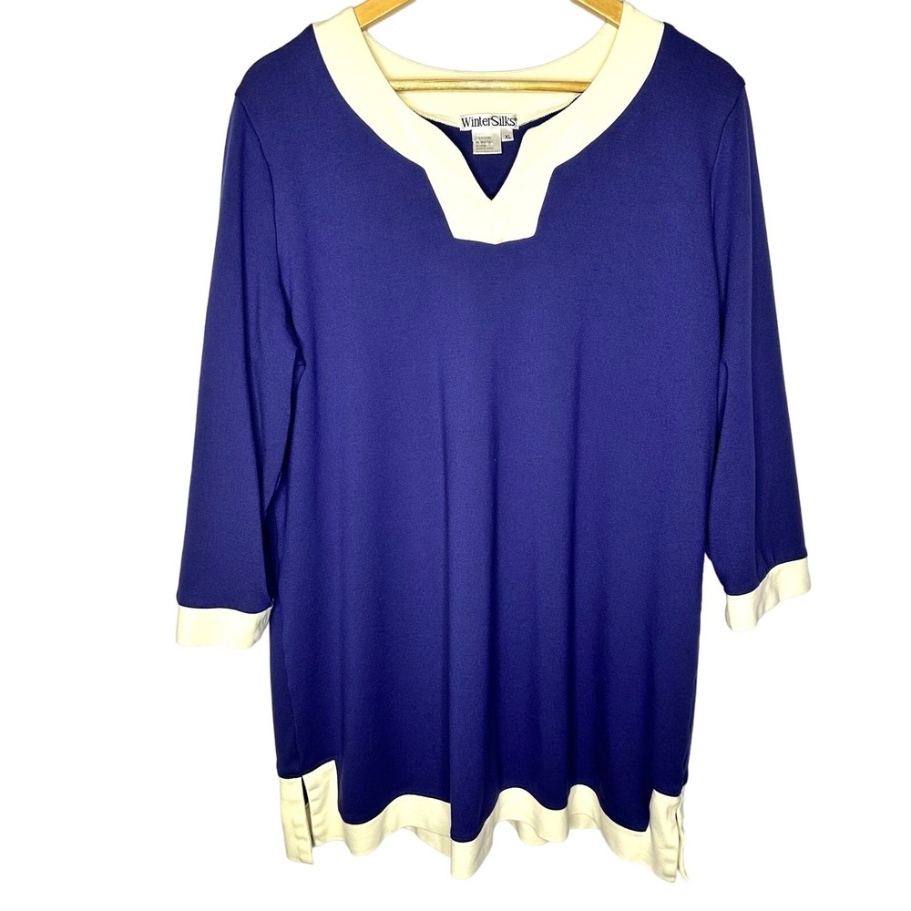 WinterSilks Blue White Trim Women's Tunic V-Neck Blouse XL